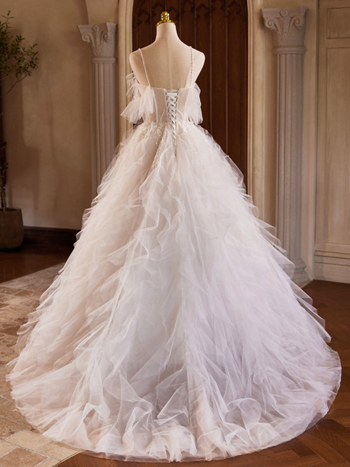 Luolandi A-Line Tulle Layers Long Prom Dress Ivory Spaghetti Strap Sweet 16 Dress Evening Dress