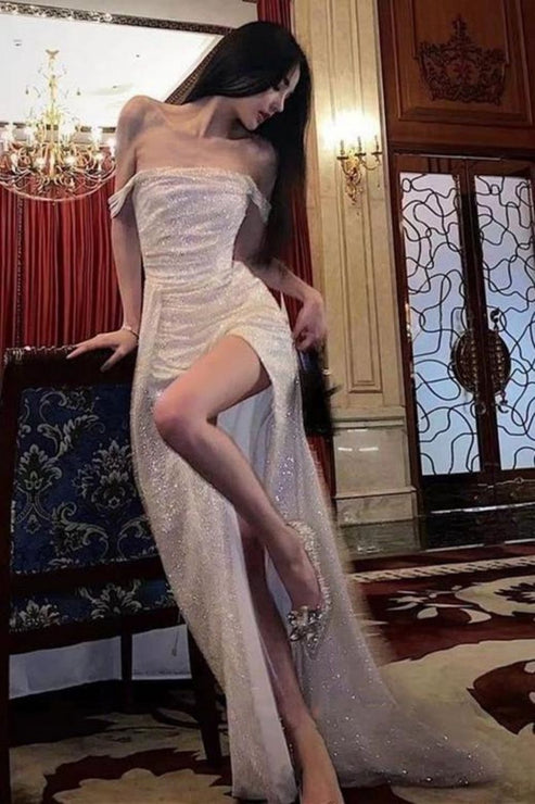 Luolandi Elegant Mermaid Off the Shoulder Silver Sequins Long Prom Dress with Split Front Sparkly Evening Dress