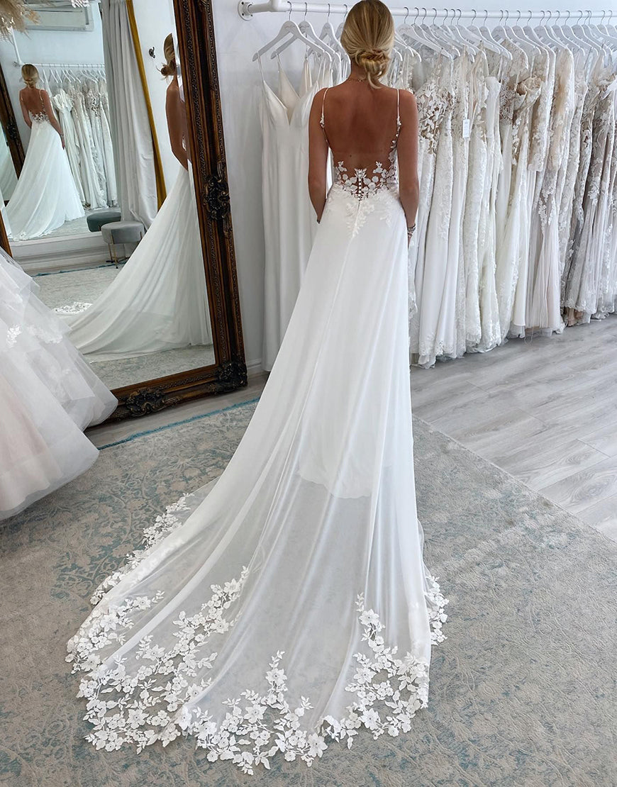 Luolandi Chiffon Boho A-Line Wedding Dress with Lace V-neck Open Back Sexy