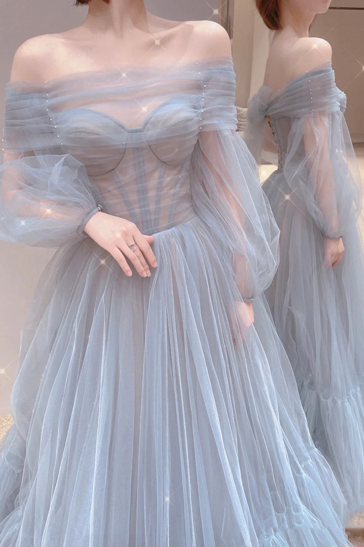 Luolandi Blue Tulle Long A-Line Prom Dress Long Sleeve Tulle Evening Dress Party Dress