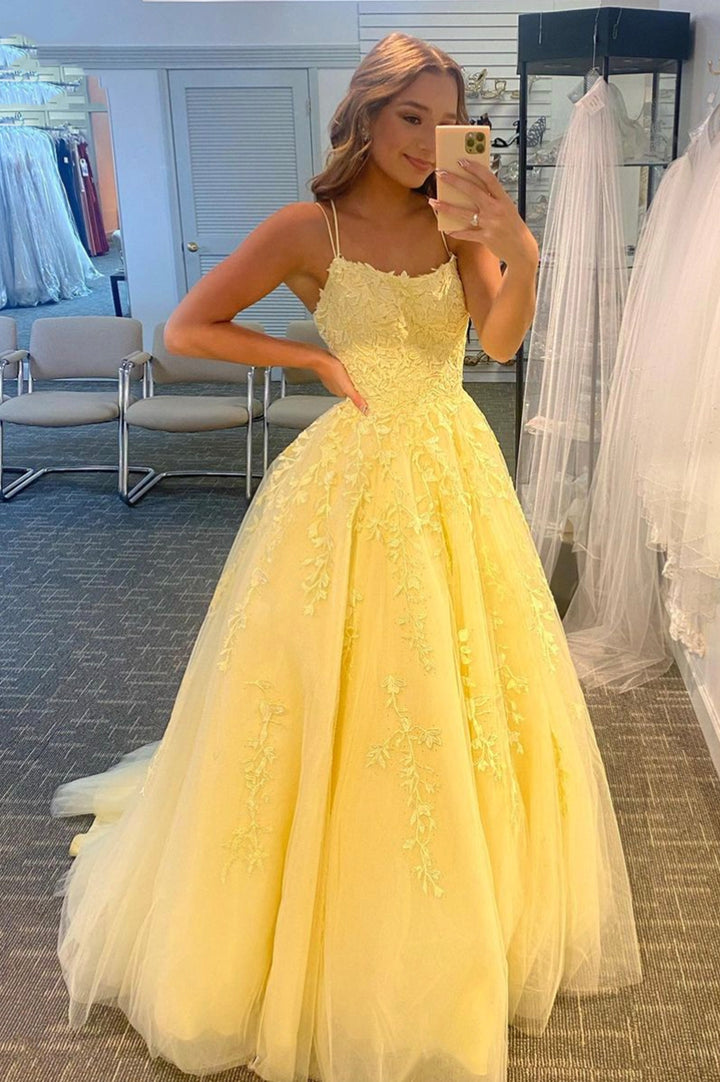 Luolandi Yellow Lace Long A-Line Prom Dresses Yellow Backless Evening Dresses Beautiful
