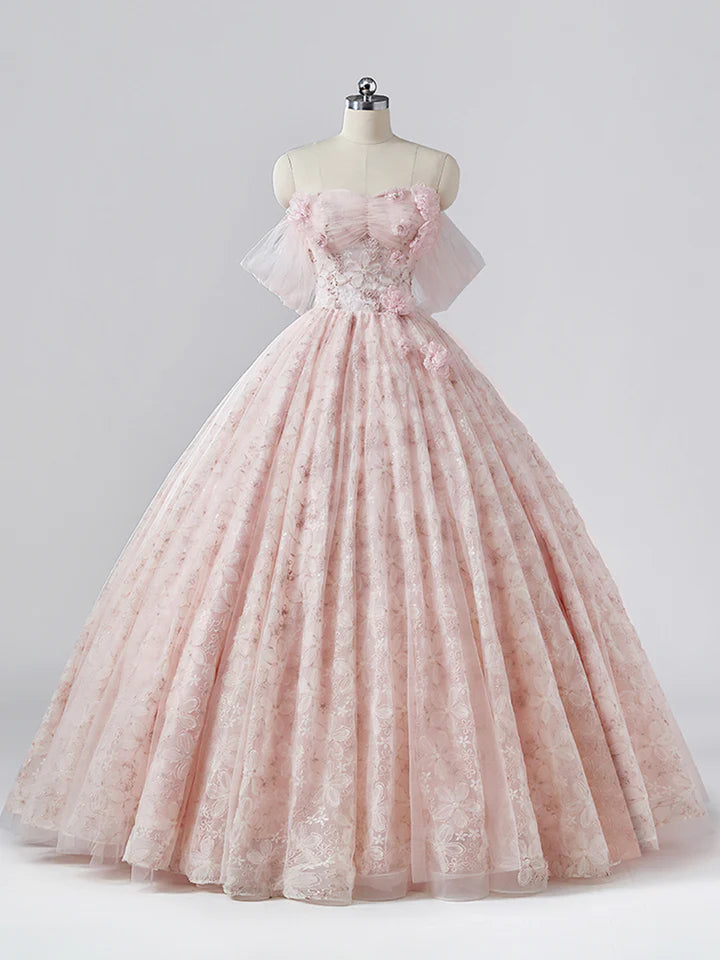 Luolandi Light Pink Tulle Flower Floor Length Prom Dress Beautiful Off the Shoulder Backless Formal Dress Sweet 16 Dress With Flowers