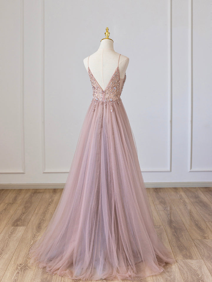 Luolandi Pink V-Neck Tulle Long Prom Dress with Beaded Spaghetti Strap Evening Dress
