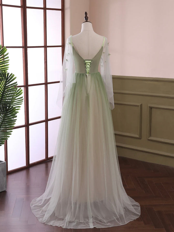 Luolandi Light Green Tulle Long Sleeve Prom Dress Gradient Floor Length Evening Dress