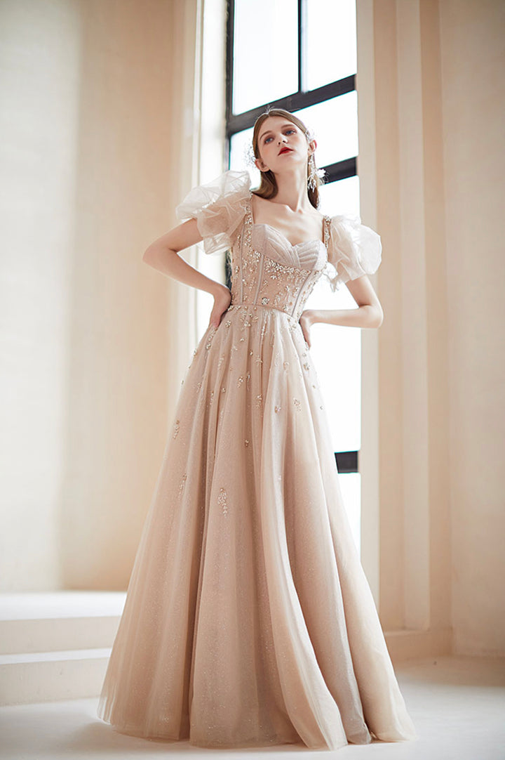 Luolandi Champagne Puff Sleeve Tulle Long Prom Dress A-Line Evening Dress Floor Length