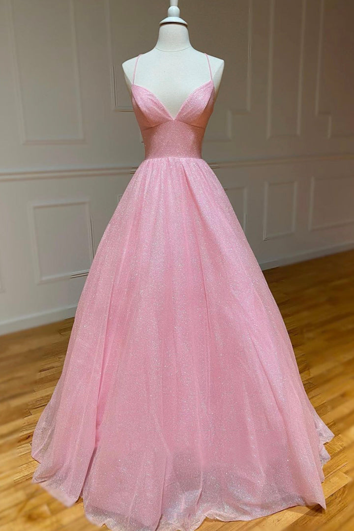 Luolandi Pink V-Neck Tulle Long Prom Dresses A-Line Backless Evening Dresses Sparkly