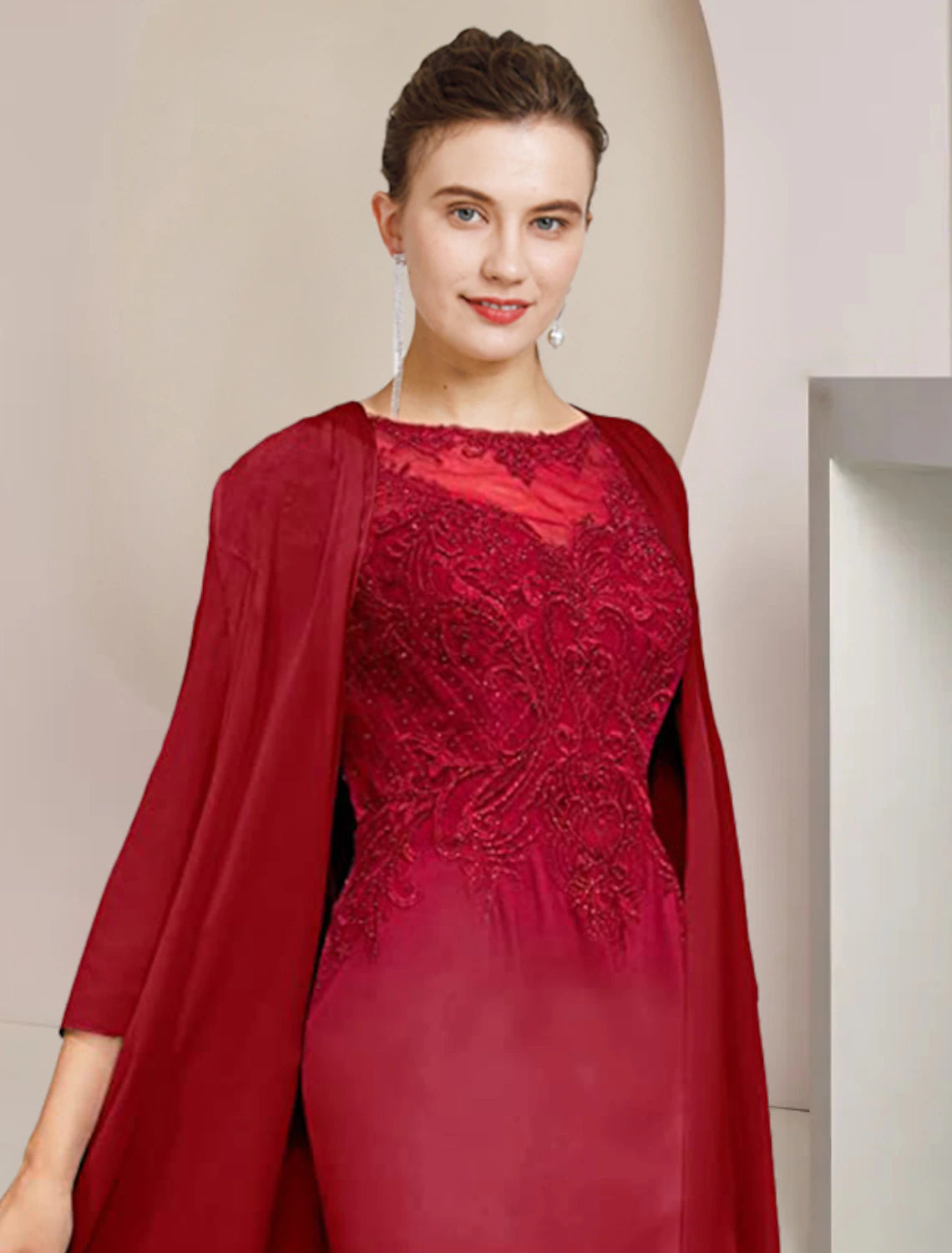 Luolandi Two Piece Sheath / Column Mother of the Bride Dress Formal Wedding Guest Elegant Scoop Neck Knee Length Chiffon Lace Half Sleeve Jacket Dresses