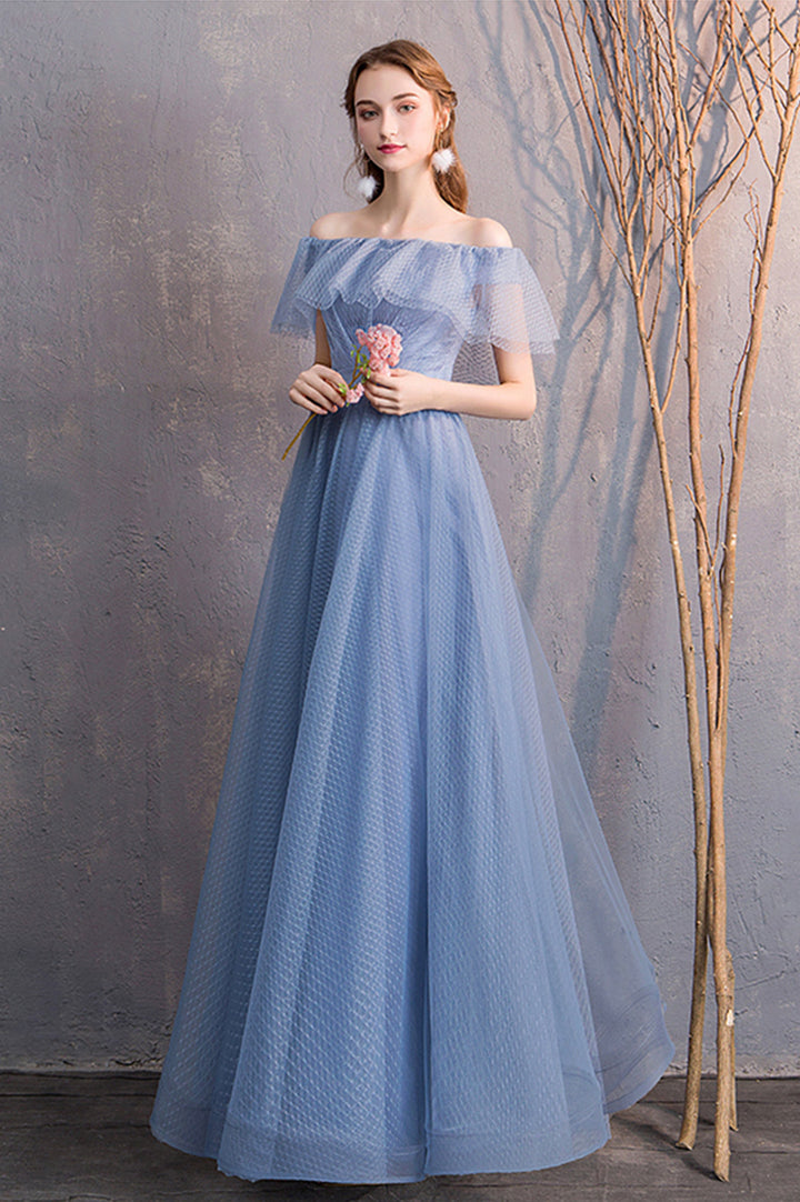 Luolandi Blue Tulle Long Prom Dresses, A-Line Bridesmaid Dresses Floor Length