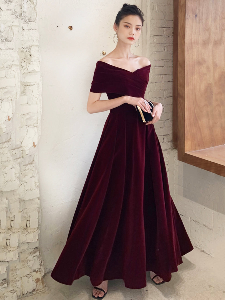 Luolandi Burgundy V-Neck Velvet Long Prom Dress Off Shoulder Evening Party Dress Sexy