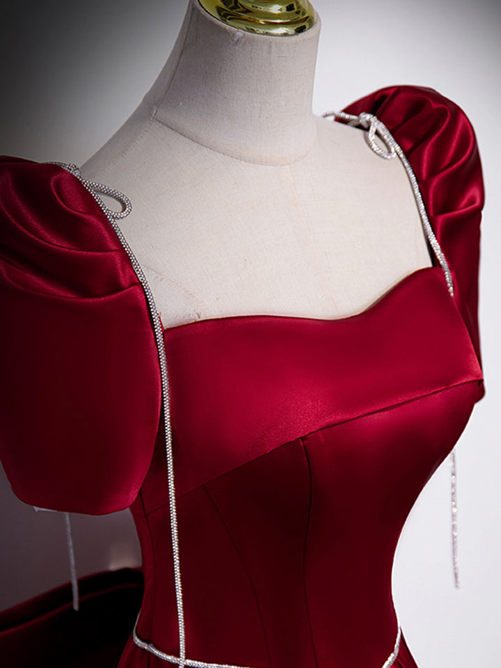 Luolandi Beautiful Satin Floor Length Prom Dress with Bowknot Burgundy Short Sleeve Evening Dress Sexy