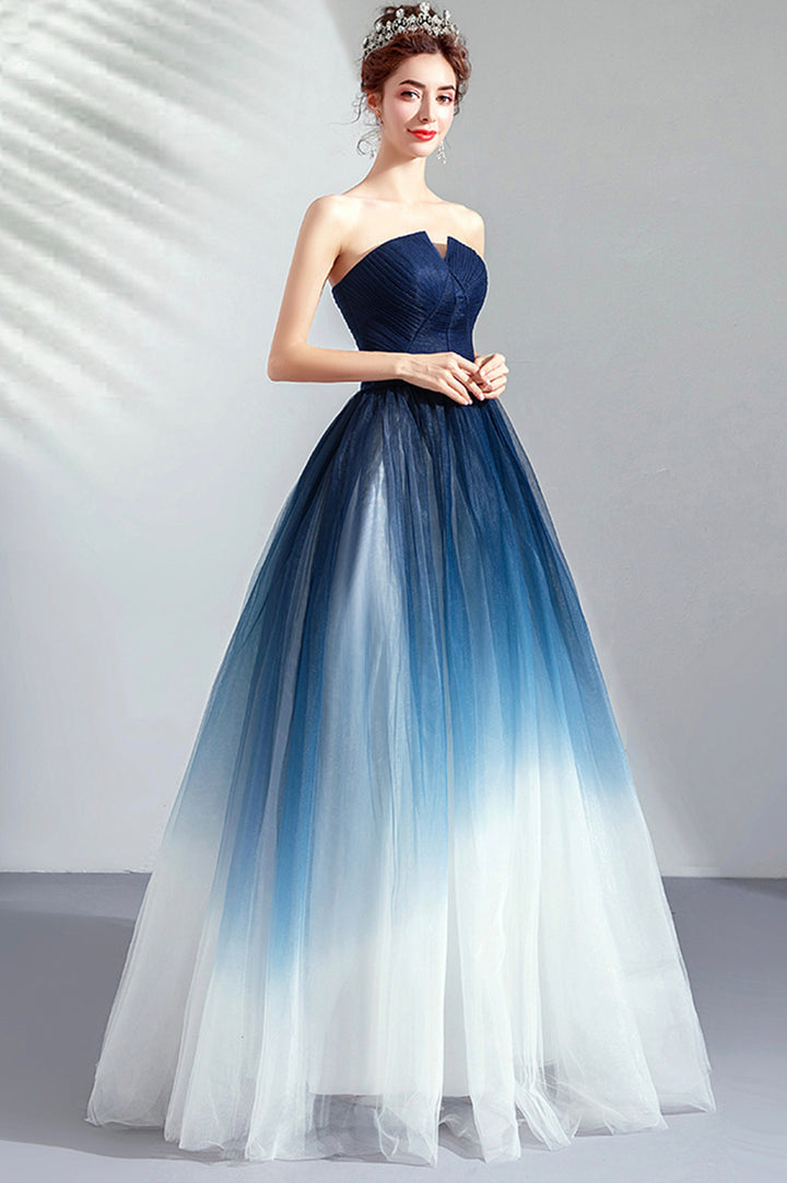 Luolandi Blue Gradient Tulle Long Party Dresses A-Line Elegant Lace-Up Prom Dresses Off Shoulder