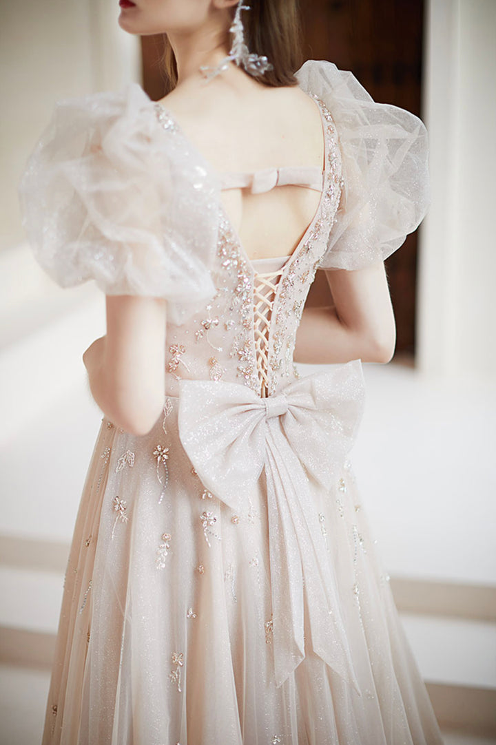 Luolandi Champagne Puff Sleeve Tulle Long Prom Dress A-Line Evening Dress Floor Length