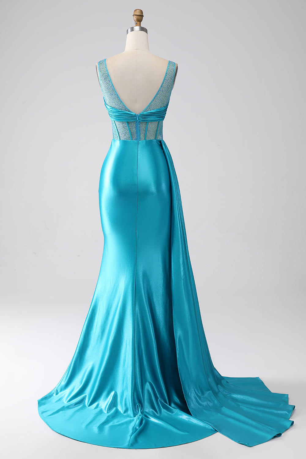 Luolandi Turquoise Mermaid V-Neck Sweep Train Pleated Corset Beaded Long Prom Dress Sexy Evening Dresses