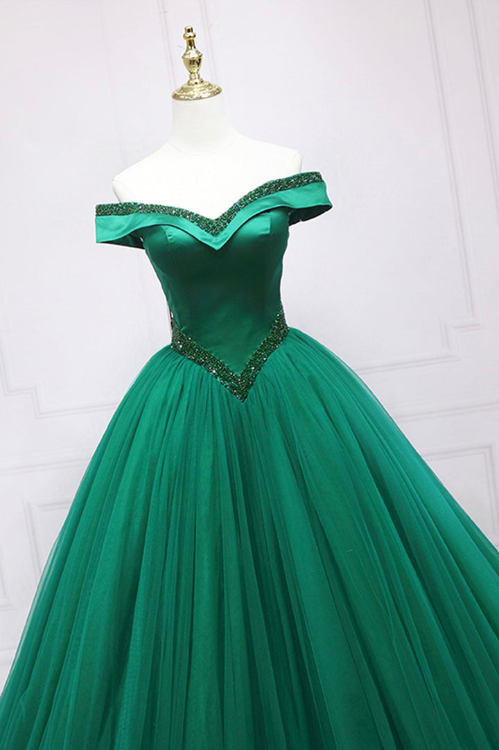 Luolandi Green Tulle Long A-Line Ball Gown Off the Shoulder Evening Dress Sexy