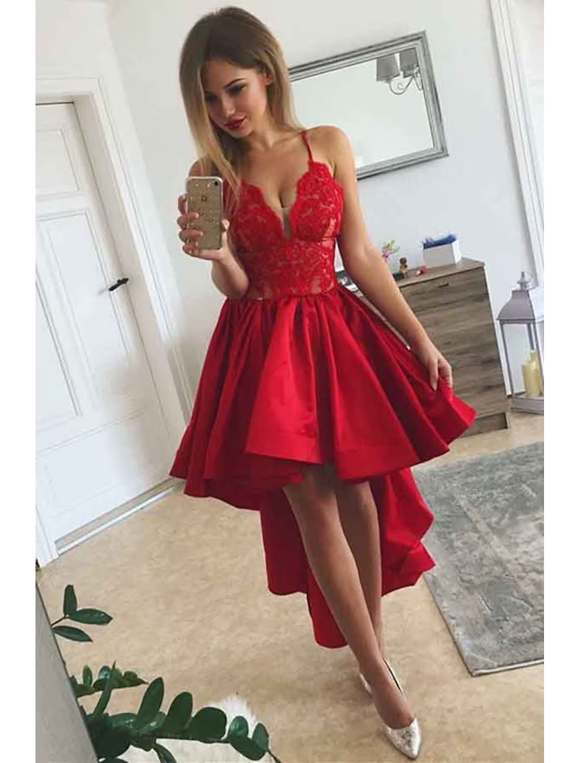 Luolandi A-Line Prom Dresses Party Dress Wedding Party Asymmetrical Sleeveless V Neck Satin
