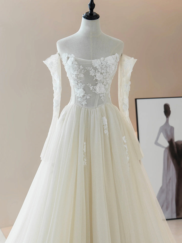 Luolandi Champagne Strapless Tulle Lace Long Prom Dress Lovely A-Line Evening Party Dress Wedding Dress