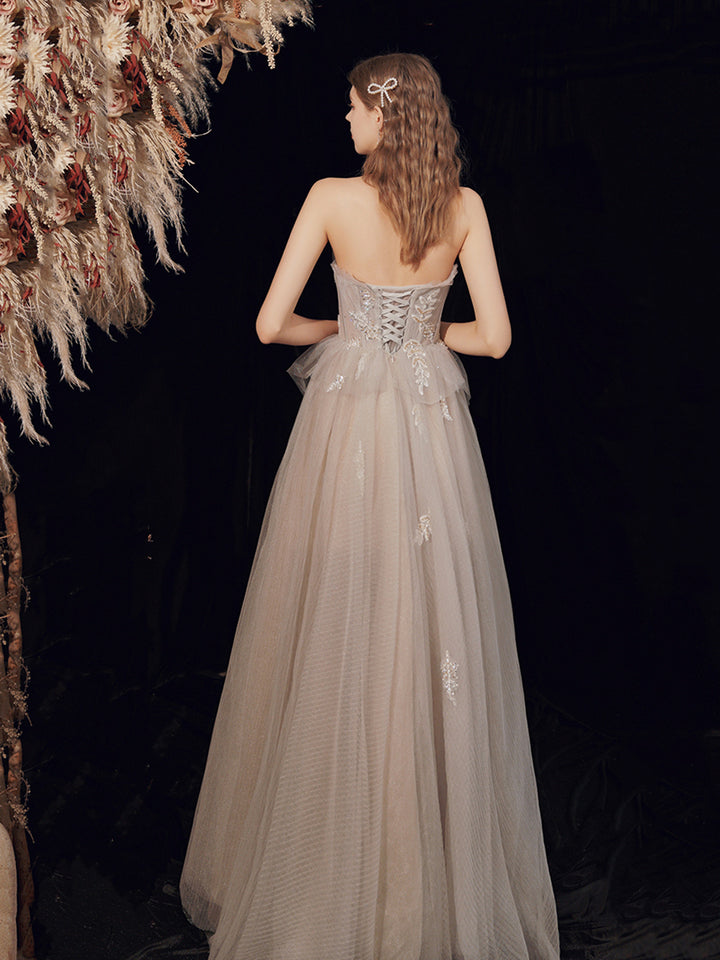 Luolandi Champagne Strapless Lace Long Prom Dress A-Line Evening Graduation Dress Off Shoulder