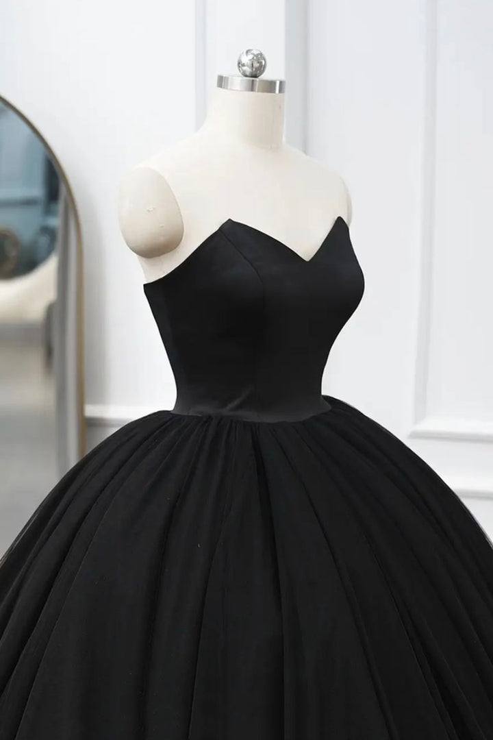 Luolandi Black Tulle Long A-Line Prom Dresses Black Strapless Long Evening Dresses Off Shoulder