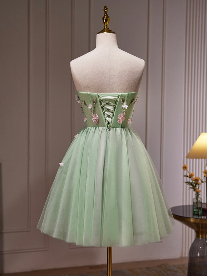 Luolandi Green Tulle Beaded Party Dress Green Short Prom Dress with Flowers Homecoming Dresses