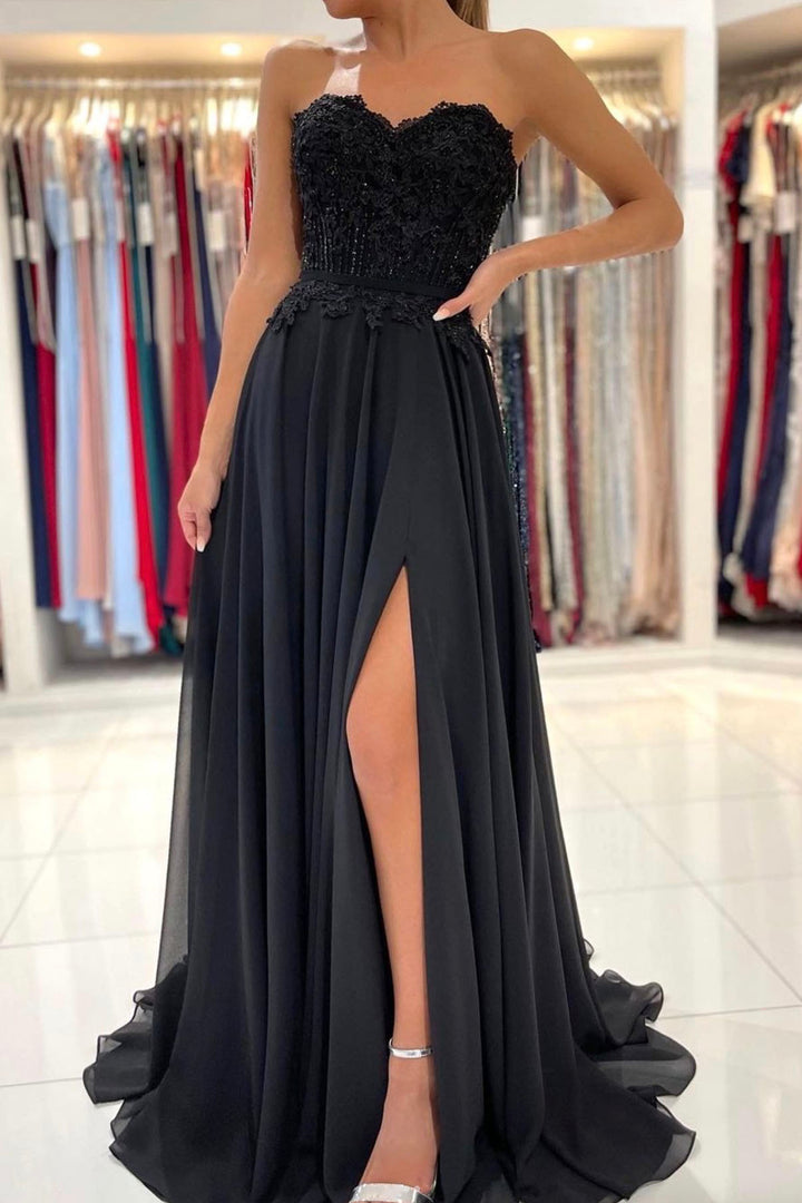 Luolandi Black Chiffon Lace Long Prom Dresses A-Line Strapless Evening Dresses Sexy