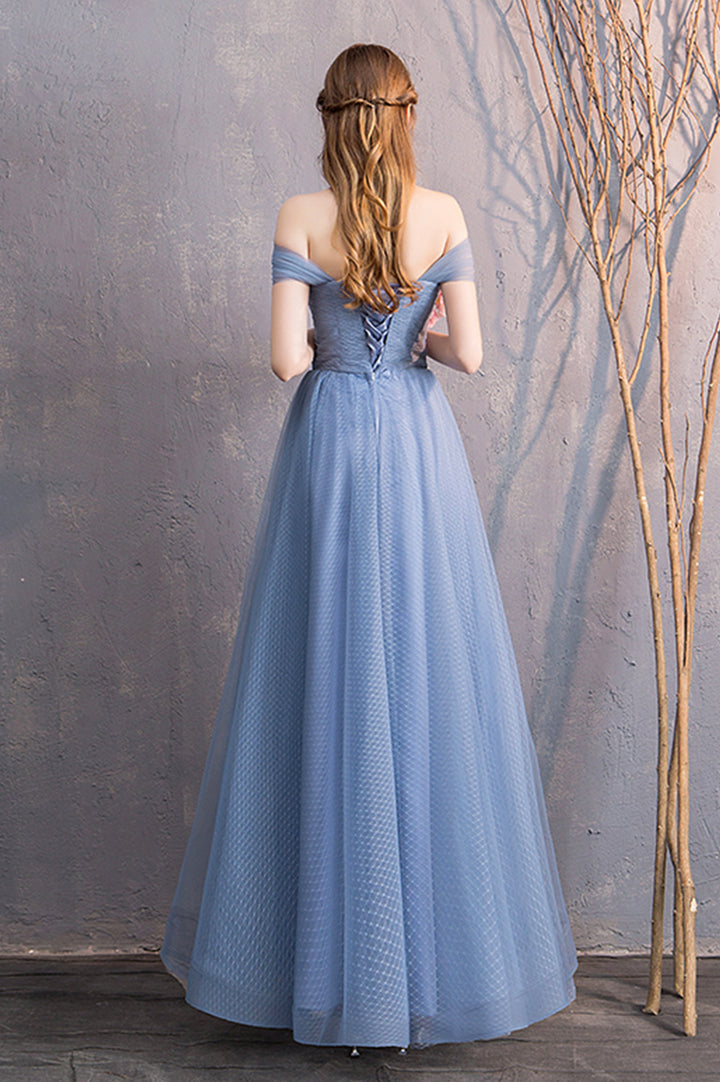 Luolandi Blue Tulle Long Prom Dresses, A-Line Bridesmaid Dresses Floor Length