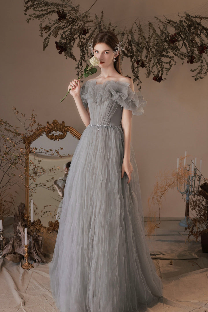 Luolandi Gray Tulle Long Prom Dress A-Line Off the Shoulder Evening Dress Sexy