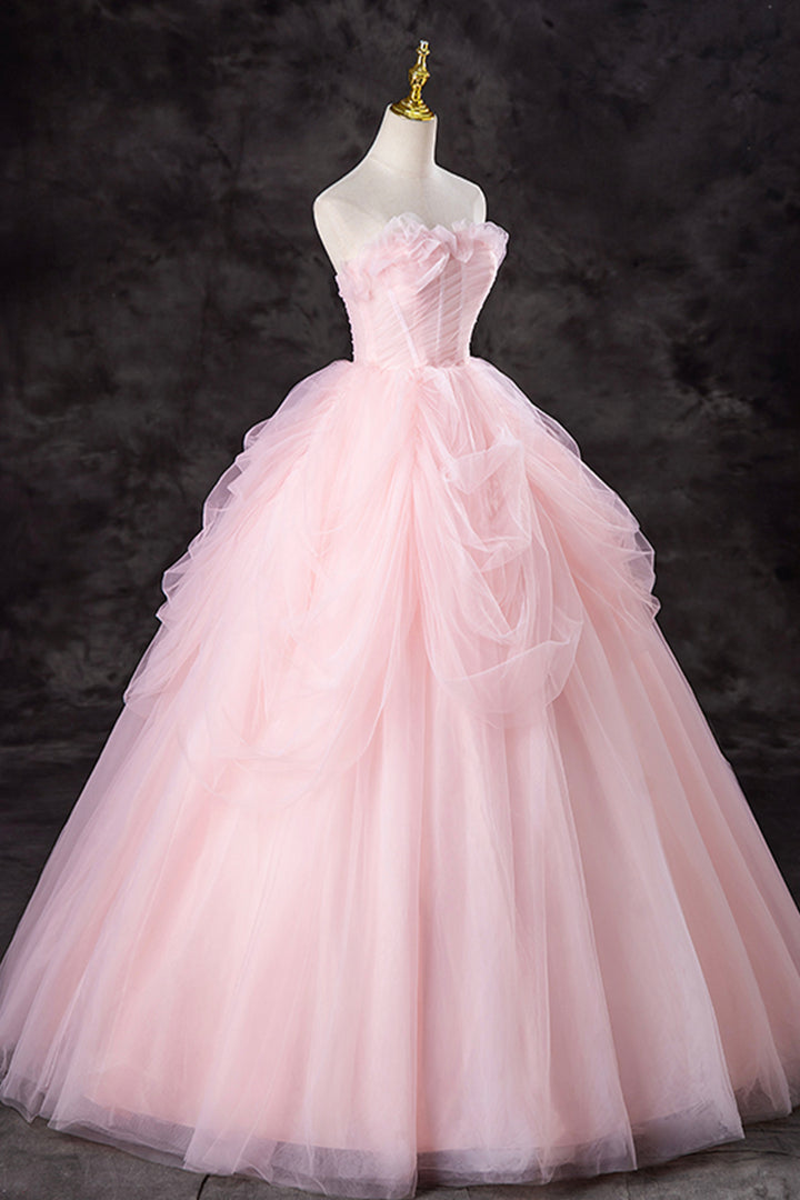 Luolandi A-Line Pink Tulle Long Formal Gown Pink Strapless Sweet 16 Princess Dress Prom Dress