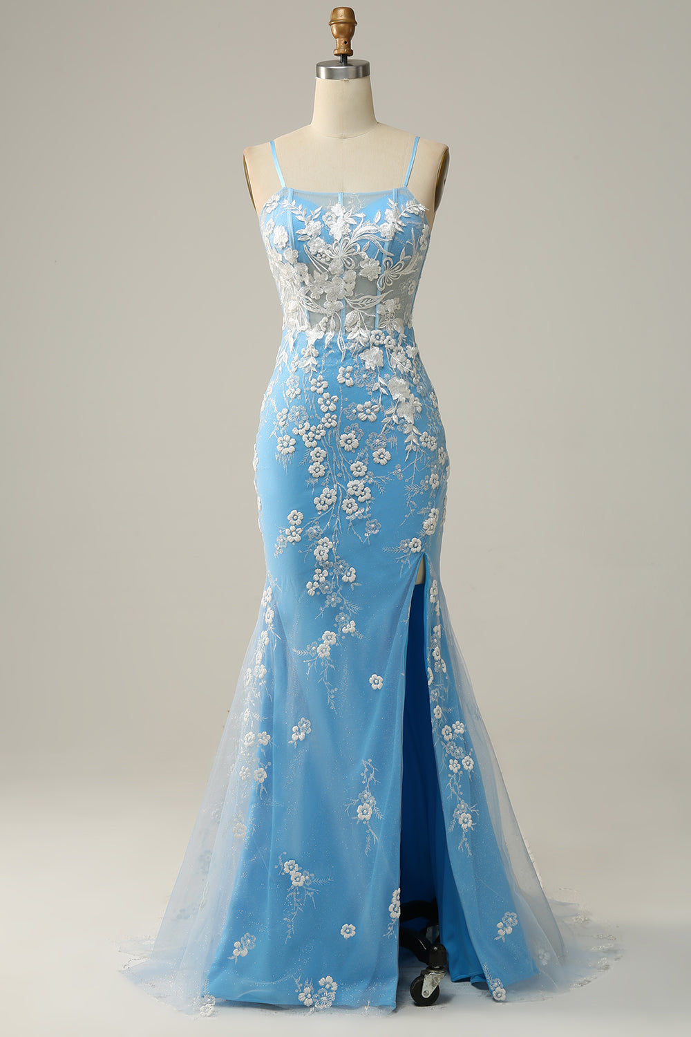 Luolandi Blue Mermaid Spaghetti Straps Long Prom Dress with Appliques Floor Length With Flowers