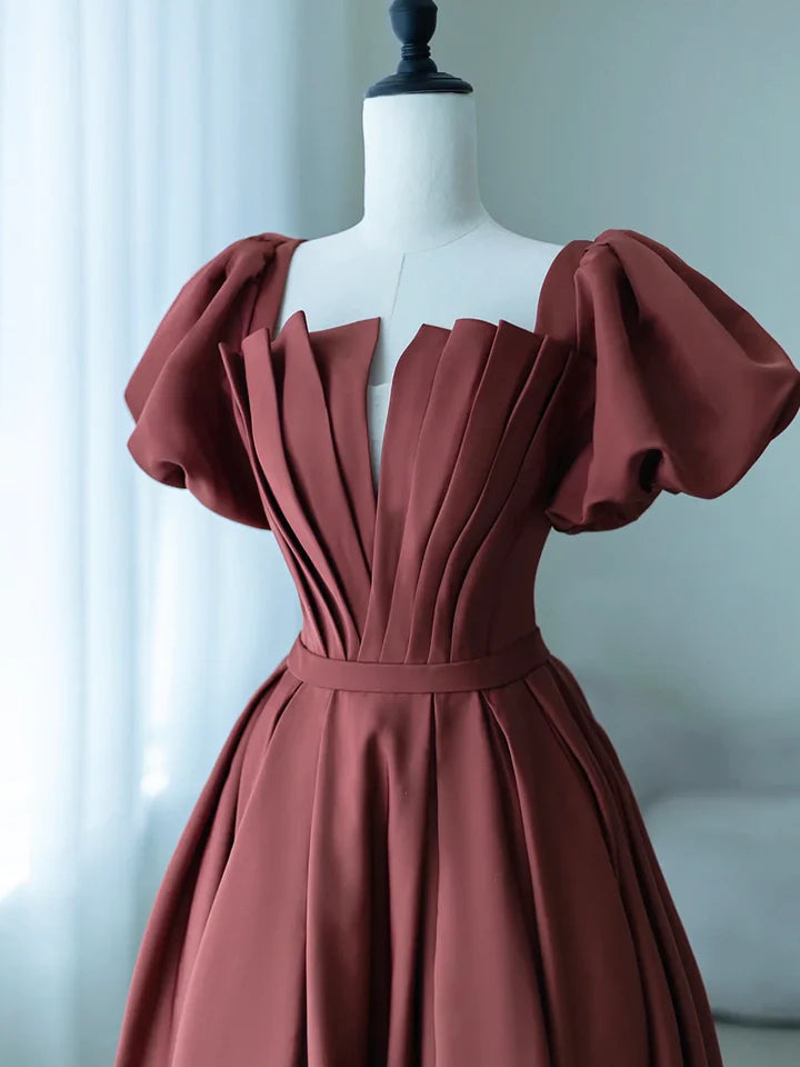 Luolandi Elegant Satin Pleated Long Prom Dress A-Line Short Sleeve Evening Party Dress Sexy
