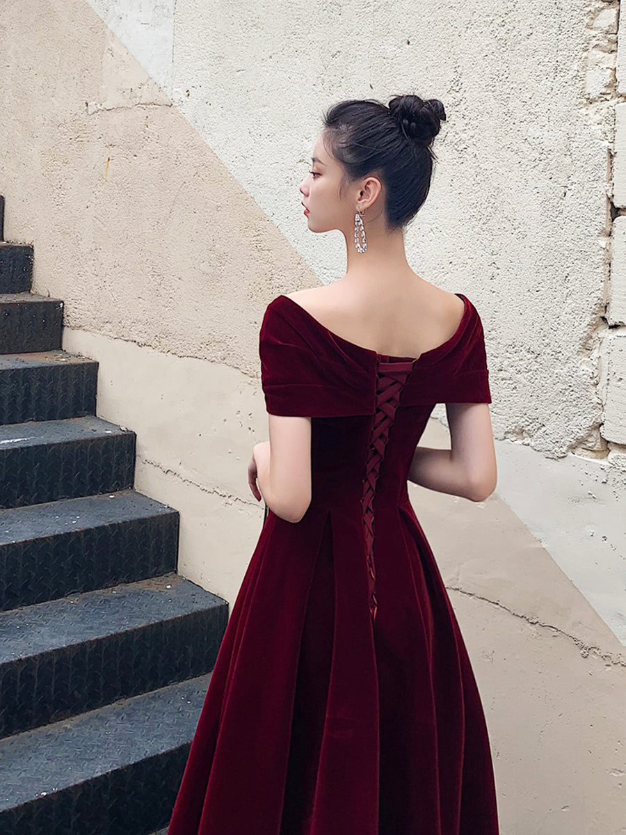 Luolandi Burgundy V-Neck Velvet Long Prom Dress Off Shoulder Evening Party Dress Sexy