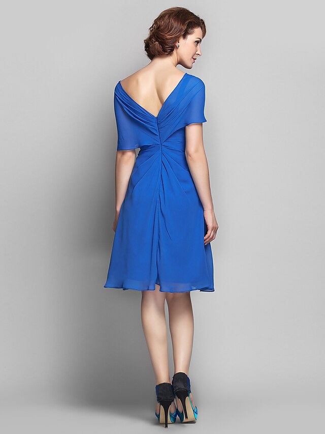 Luolandi A-Line Mother of the Bride Dress Elegant V Neck Knee Length Chiffon Short Sleeve with Criss Cross Beading