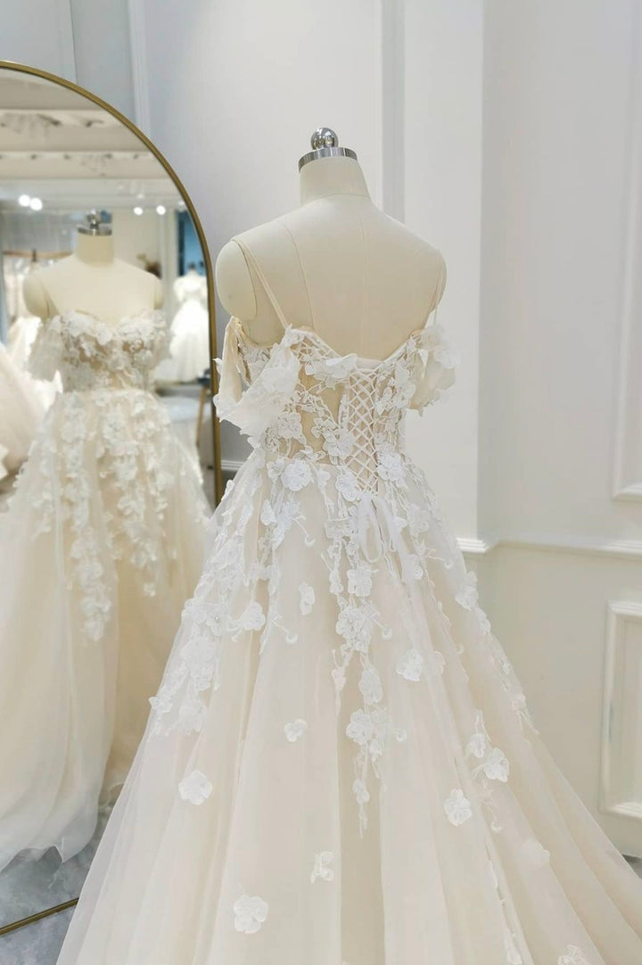 Luolandi Champagne Tulle Lace Long Prom Dress A-Line Evening Gown Wedding Dress