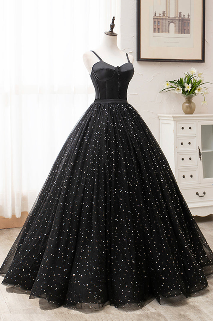 Luolandi Black Tulle Long A-Line Long Prom Dresses Black Evening Party Dresses Sexy