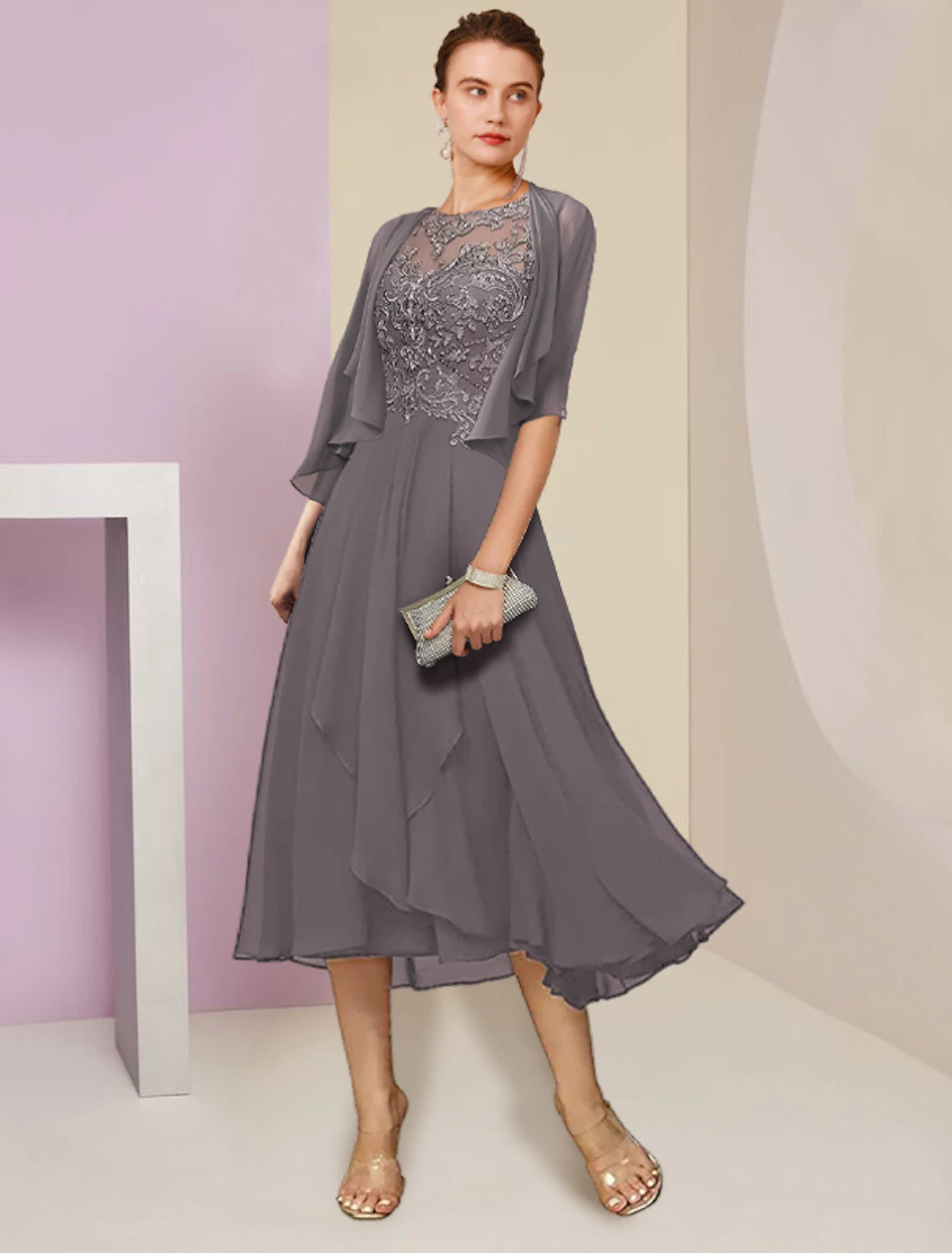 Luolandi Two Piece A-Line Mother of the Bride Dress Formal Wedding Guest Elegant Scoop Neck Tea Length Chiffon Lace Half Sleeve Wrap Included with Beading
