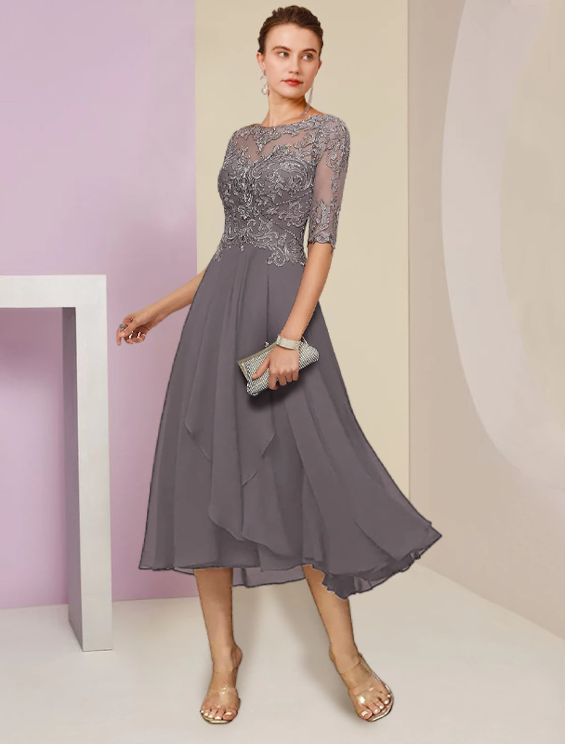 Luolandi Two Piece A-Line Mother of the Bride Dress Formal Wedding Guest Elegant Scoop Neck Tea Length Chiffon Lace Half Sleeve Wrap Included with Beading