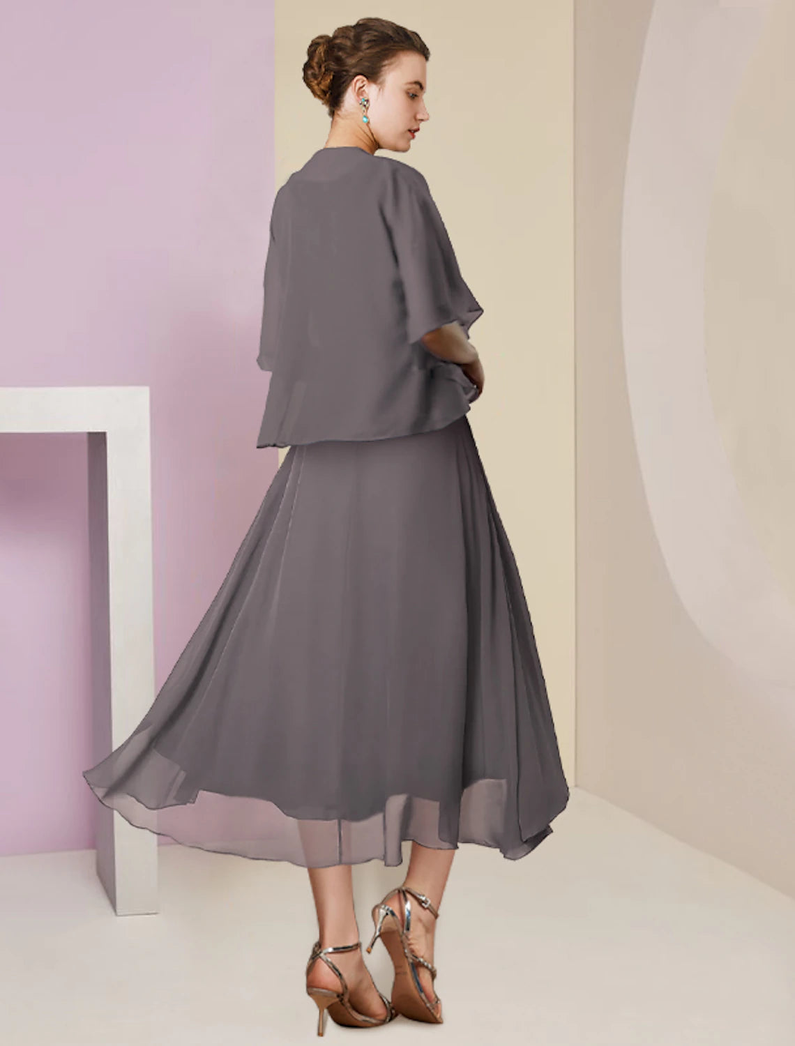 Luolandi Two Piece A-Line Mother of the Bride Dress Formal Wedding Guest Elegant Scoop Neck Tea Length Chiffon Lace Half Sleeve Wrap Included with Beading