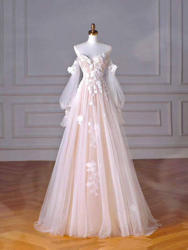 Luolandi Tulle Lace Sweetheart Neck Long Formal Dress A-Line Puff Sleeves Party Dress With Flowers