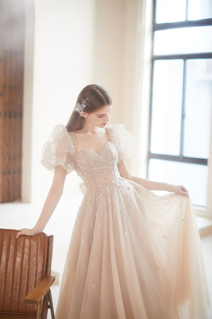 Luolandi Champagne Puff Sleeve Tulle Long Prom Dress A-Line Evening Dress Floor Length