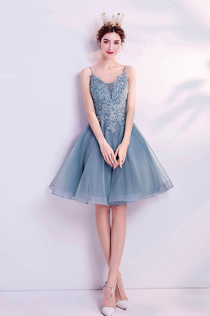 Luolandi Blue V-Neck Lace Short Prom Dress A-Line Evening Party Dress Homecoming Dresses