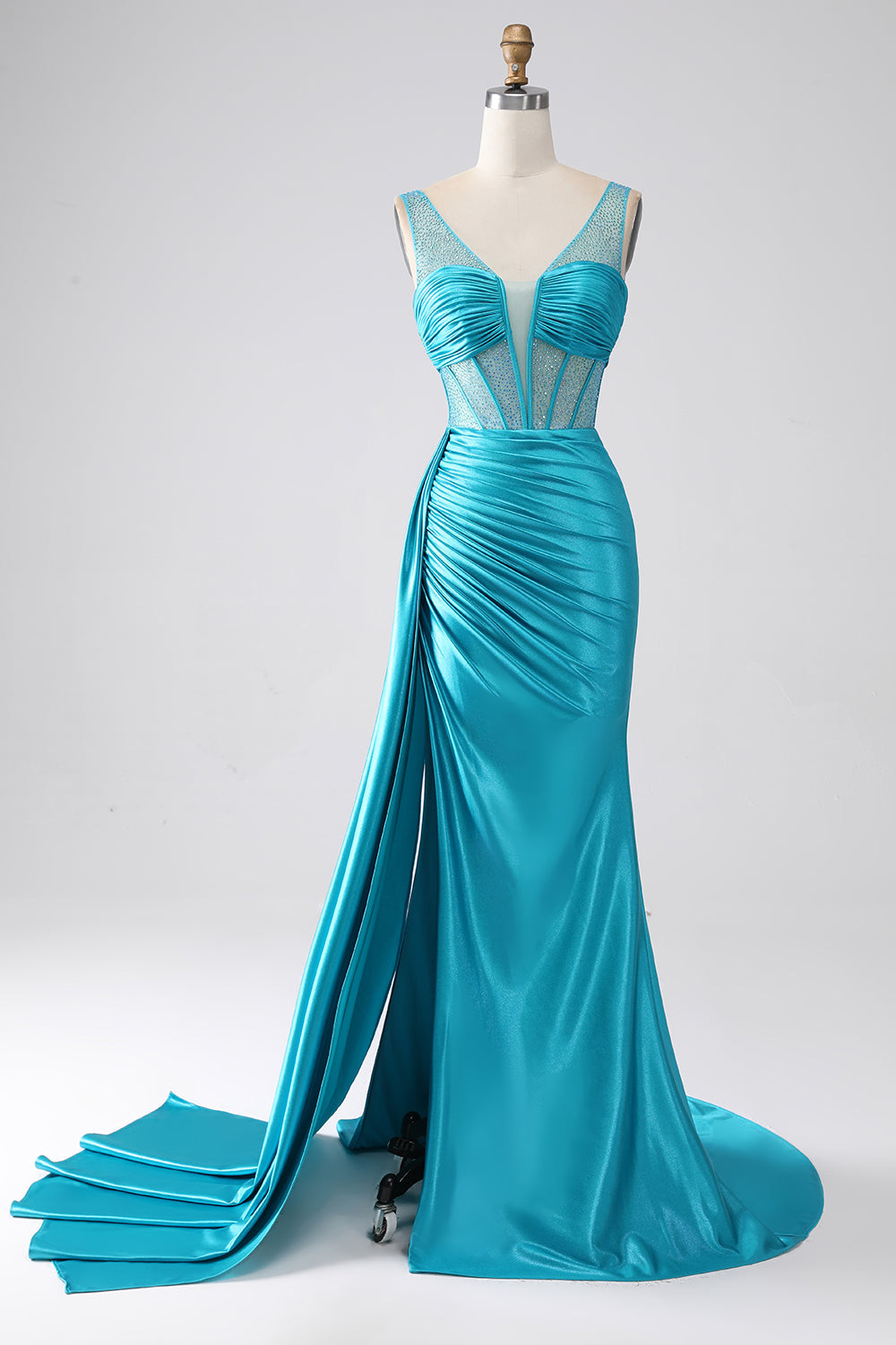Luolandi Turquoise Mermaid V-Neck Sweep Train Pleated Corset Beaded Long Prom Dress Sexy Evening Dresses