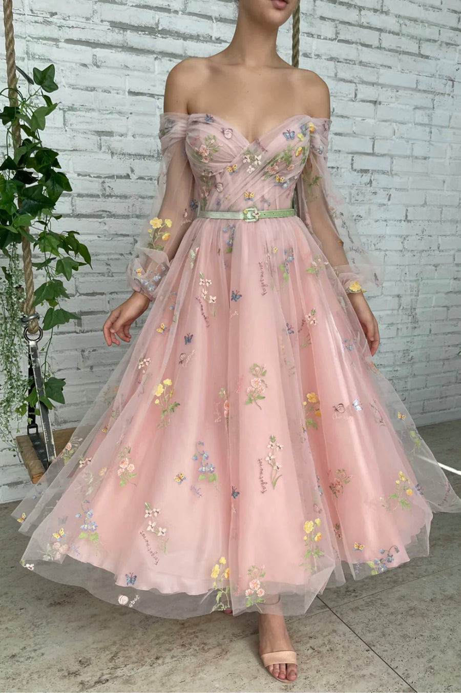 Luolandi Pink Lace Long Sleeve Prom Dres Cute A-Line Off the Shoulder Evening Dress With Flowers