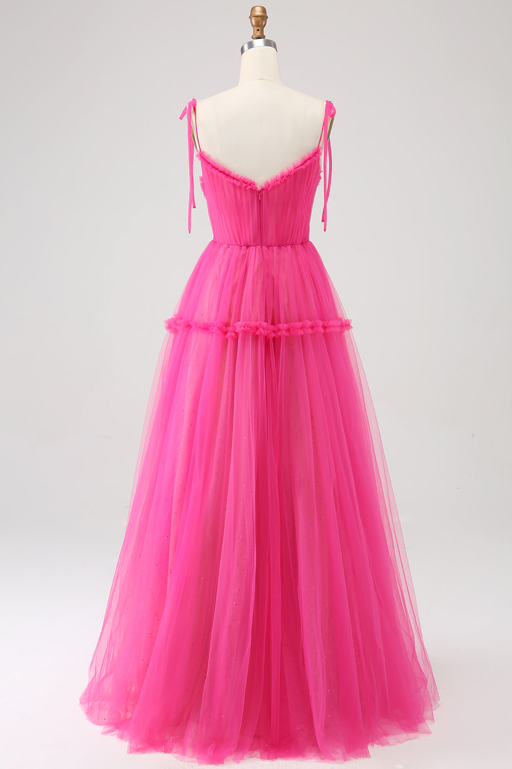 Luolandi Princess A-Line Spaghetti Straps Hot Pink Tulle Long Prom Dress Floor Length