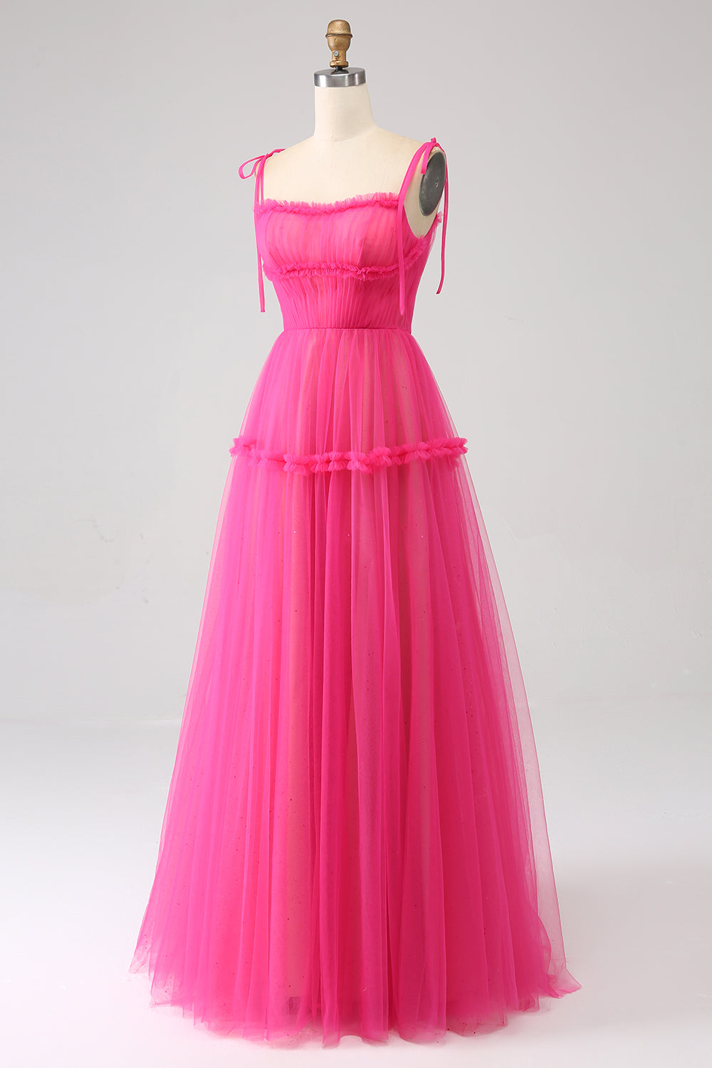 Luolandi Princess A-Line Spaghetti Straps Hot Pink Tulle Long Prom Dress Floor Length