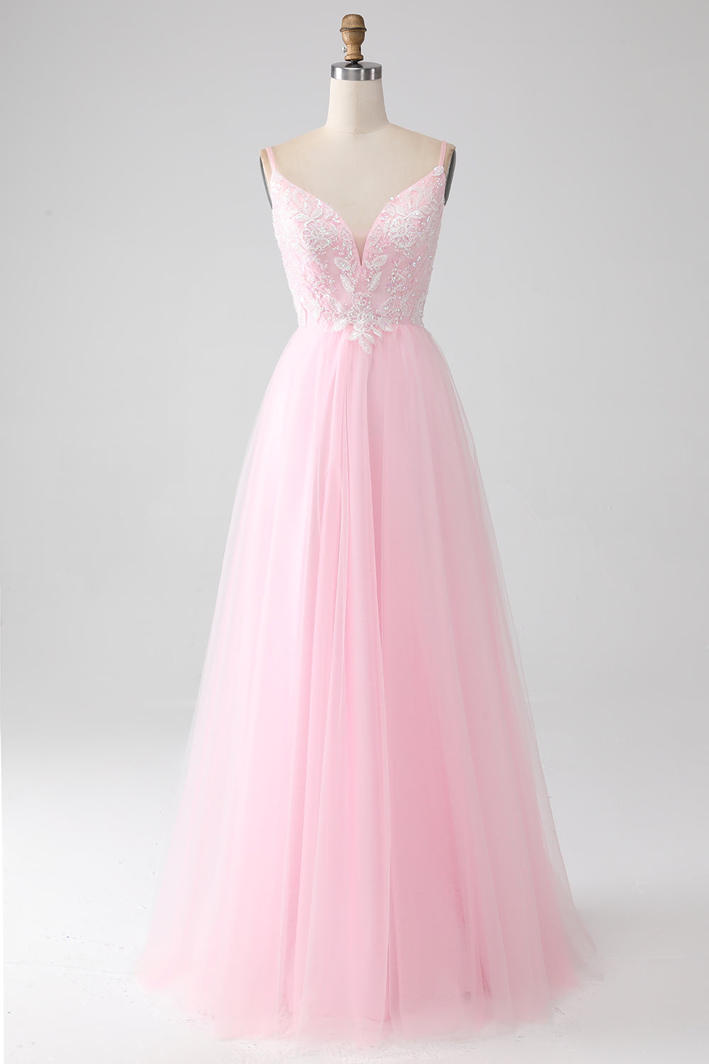 Luolandi Light Pink A-Line Spaghetti Straps Sequins Prom Dress with Beading V-neck Floor Length