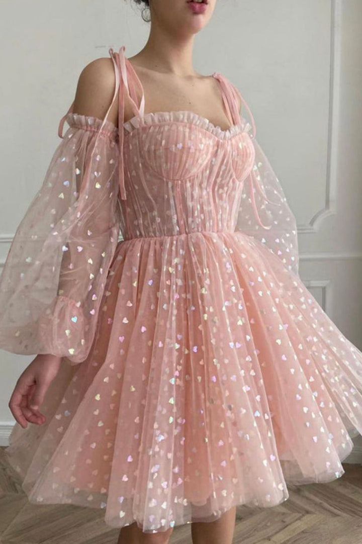 Luolandi Pink Tulle Short Prom Dresses Cute Puff Sleeved Mini Party Dresses Homecoming Dresses