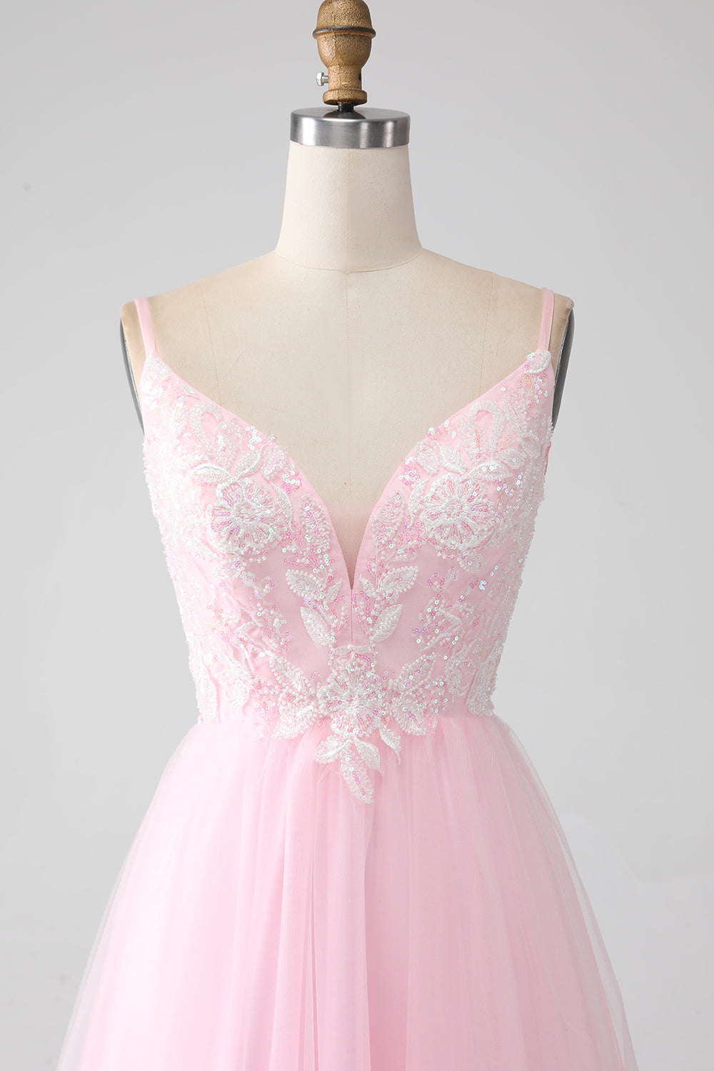 Luolandi Light Pink A-Line Spaghetti Straps Sequins Prom Dress with Beading V-neck Floor Length