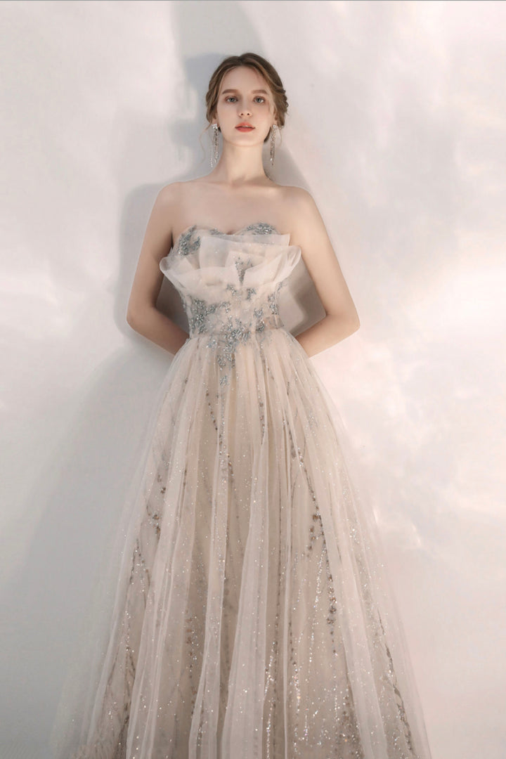 Luolandi Champagne Tulle Sequins Long Prom Dresses A-Line Evening Dresses Off Shoulder