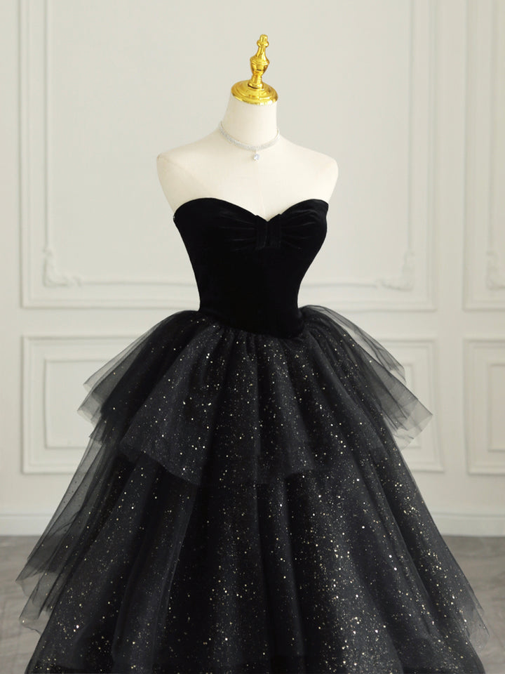 Luolandi Black Strapless Tulle Formal Dress with Velvet A-Line Sweetheart Neck Long Prom Dress Sparkly