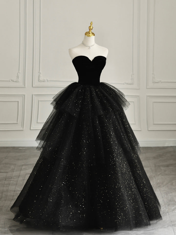 Luolandi Black Strapless Tulle Formal Dress with Velvet A-Line Sweetheart Neck Long Prom Dress Sparkly
