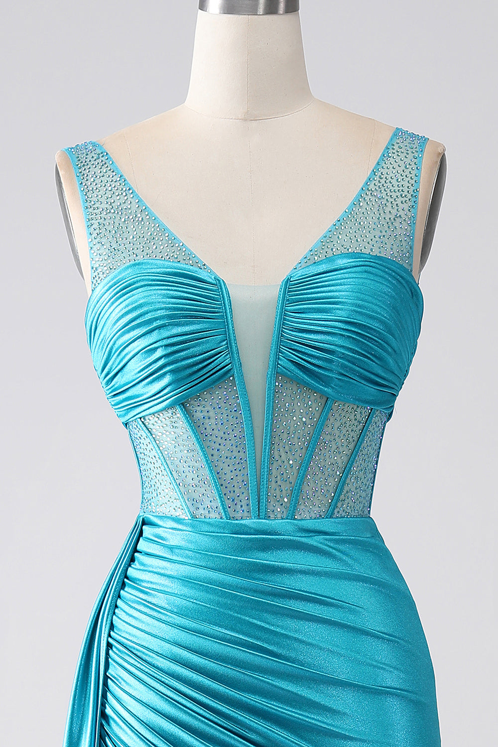 Luolandi Turquoise Mermaid V-Neck Sweep Train Pleated Corset Beaded Long Prom Dress Sexy Evening Dresses